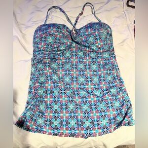 Blue Geometric Print Women's Tankini Top Size 14